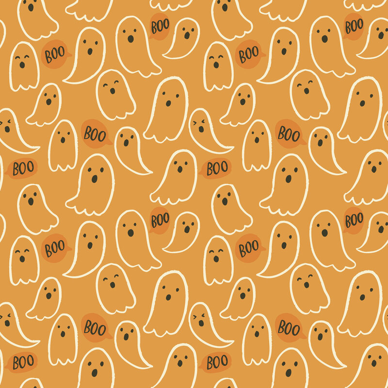 Yellow-orange fabric with a scattered pattern of white-lined ghosts saying "BOO".