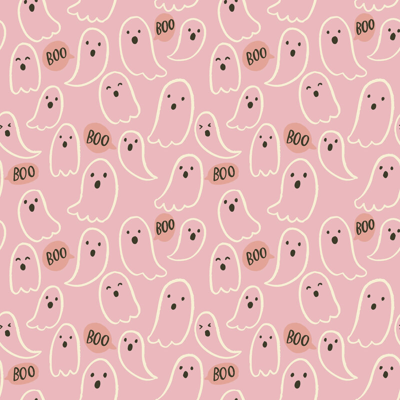 Soft pink fabric with a scattered pattern of white-lined ghosts saying "BOO".
