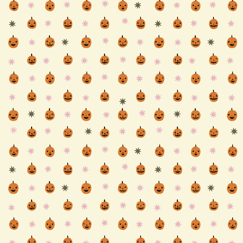 Cream fabric with a grid design of pumpkins with soft black and pink stars.