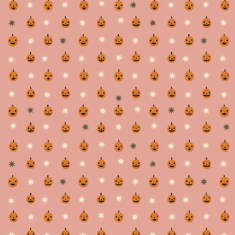 Peach-pink fabric with a grid design of pumpkins with soft black and cream stars.