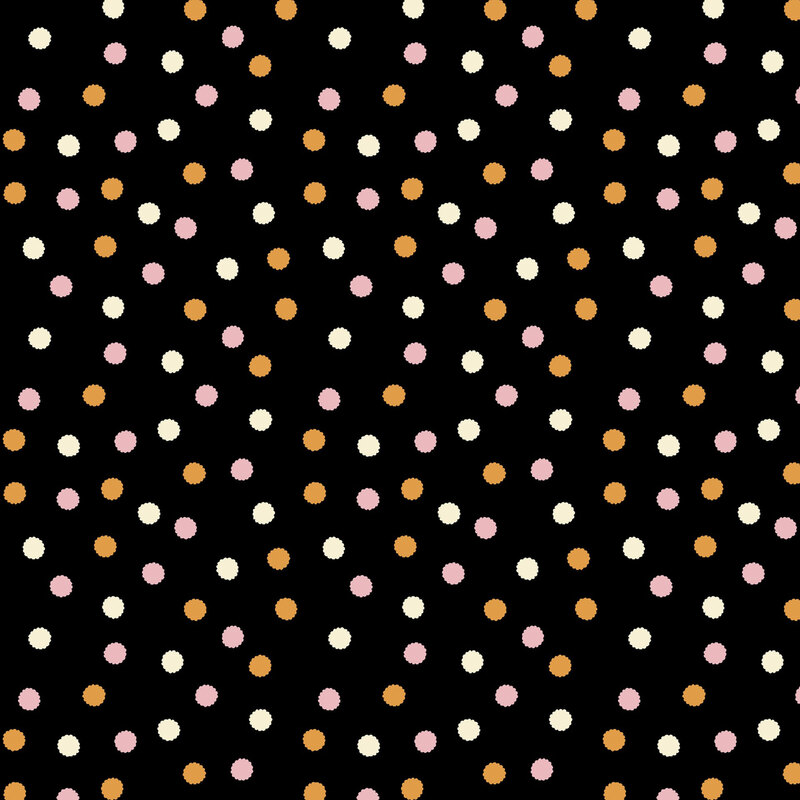 Onyx black fabric with a scattered pattern of light orange, cream, and soft pink stylized dots.
