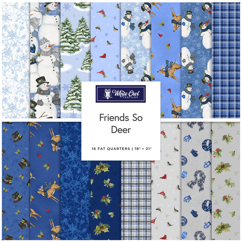 Digital collage of the Fat Quarter Bundle of blue, white, and gray wintry fabrics from the Friends So Deer collection.