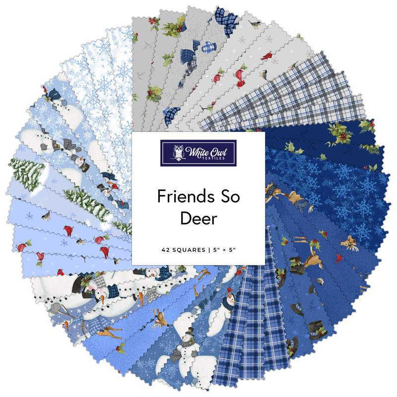 Digital collage of the 5" Square Bundle of blue, white, and gray wintry fabrics from the Friends So Deer collection.