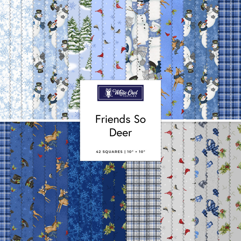 Digital collage of the 10" Square Bundle of blue, white, and gray wintry fabrics from the Friends So Deer collection.