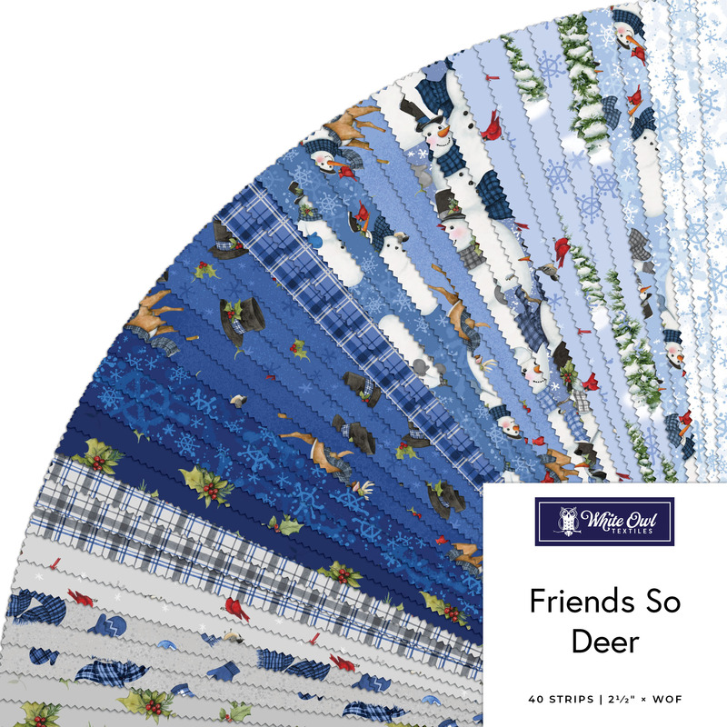 Digital collage of the 2.5" Strip Roll Bundle of blue, white, and gray wintry fabrics from the Friends So Deer collection.