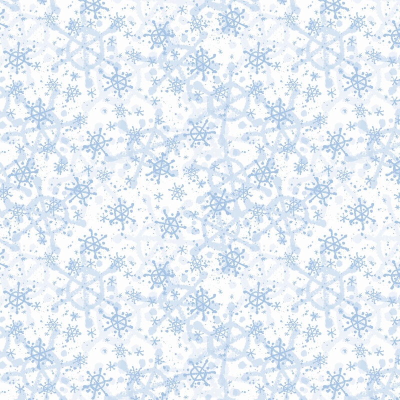 White fabric with a layered design of powder blue snowflakes of varying shapes and sizes.