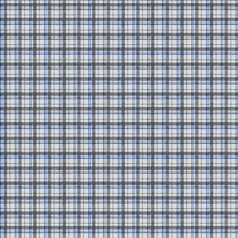 Smoke gray fabric with a well-balanced pattern of navy and dark gray plaids.