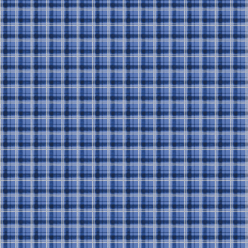 Lapis blue fabric with a well-balanced pattern of navy and smoke gray plaids.