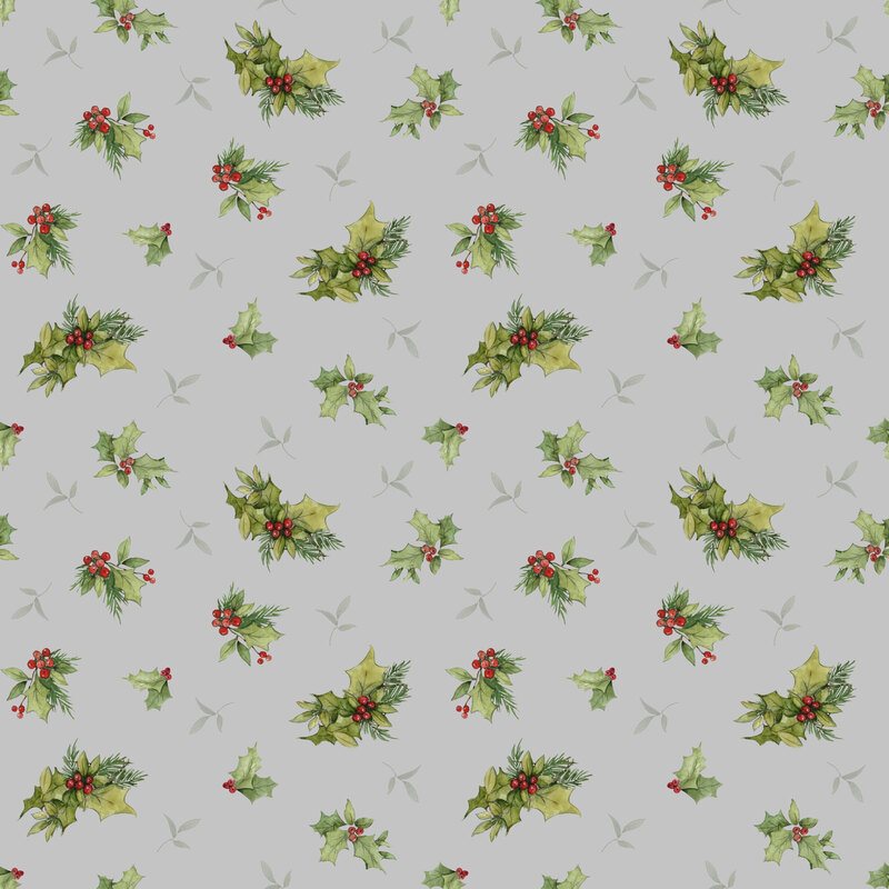 Smoke gray fabric with a tossed pattern of holly and pine sprigs.