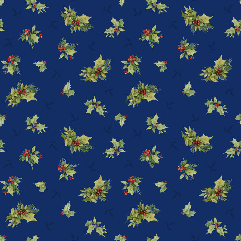 Navy blue fabric with a tossed pattern of holly and pine sprigs.