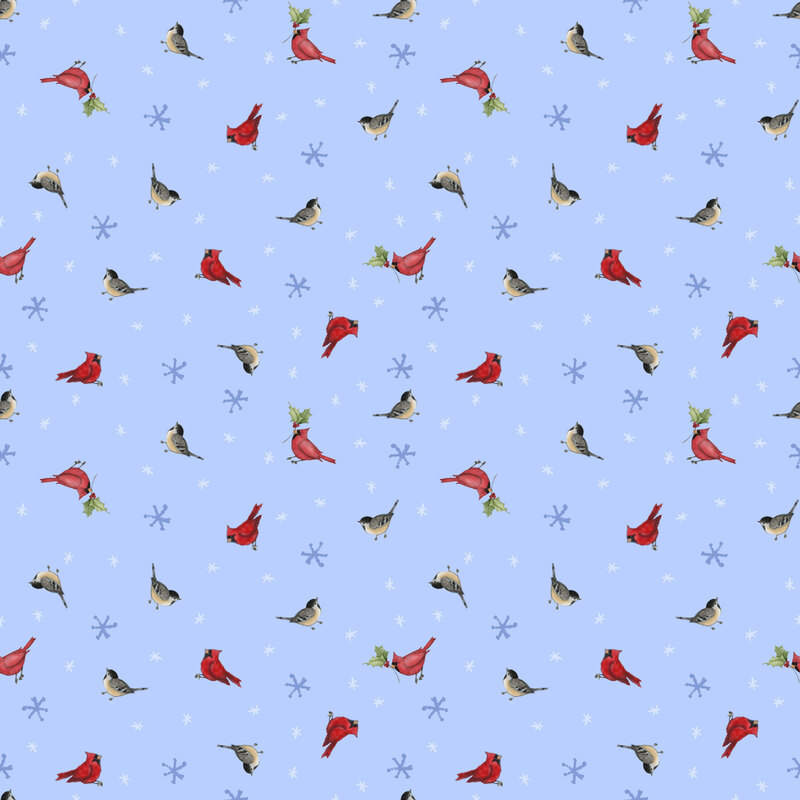 Powder blue fabric with a tossed pattern of cardinals and snowflakes.