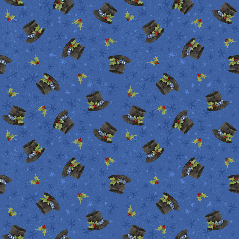 Royal blue fabric with a tossed pattern of top hats and holly sprigs on a background of snowflakes.