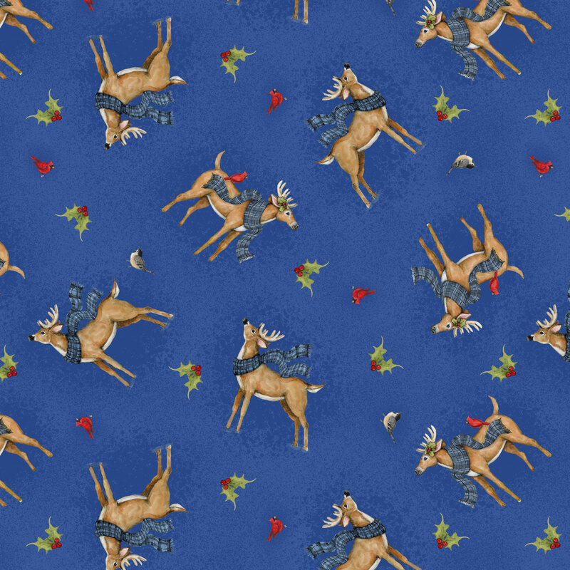 Royal blue mottled fabric with a tossed pattern of deer wearing scarves, cardinals, and holly sprigs.