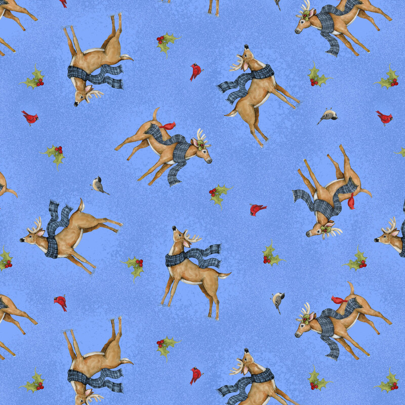 Azure mottled fabric with a tossed pattern of deer wearing scarves, cardinals, and holly sprigs.