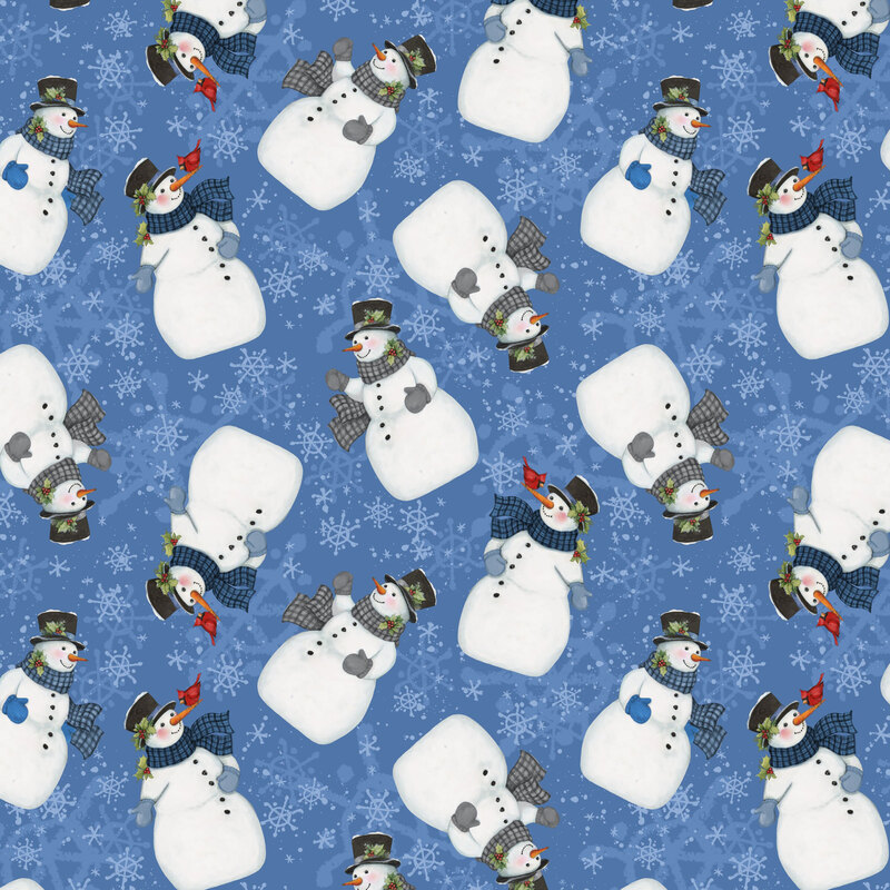 Royal blue fabric with a tossed pattern of white snowflakes and snowmen with winter accessories.