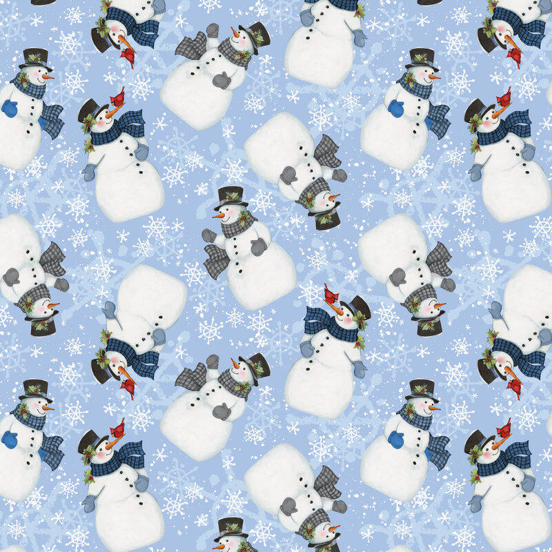 Powder blue fabric with a tossed pattern of white snowflakes and snowmen with winter accessories.