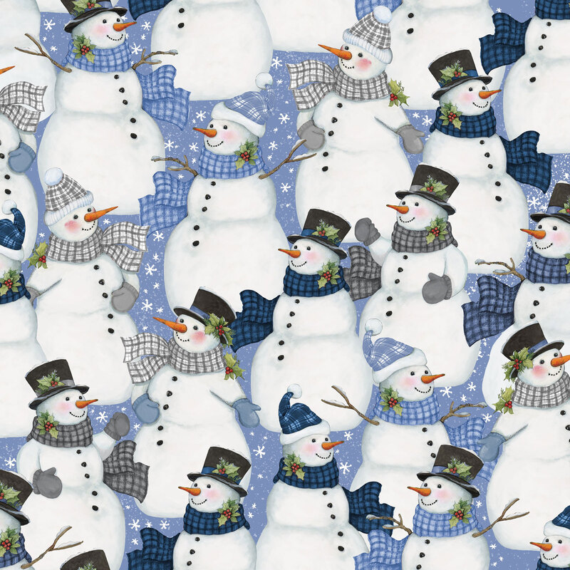 Festive blue fabric with a packed design of snowmen in winter attire like mittens, Santa hats, scarves, and holly sprigs.