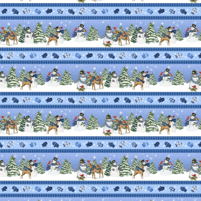 Border print fabric with stripes of snowmen in wintry scenes with cardinals and deer, separated by azure blue stripes of mittens and snowflakes.