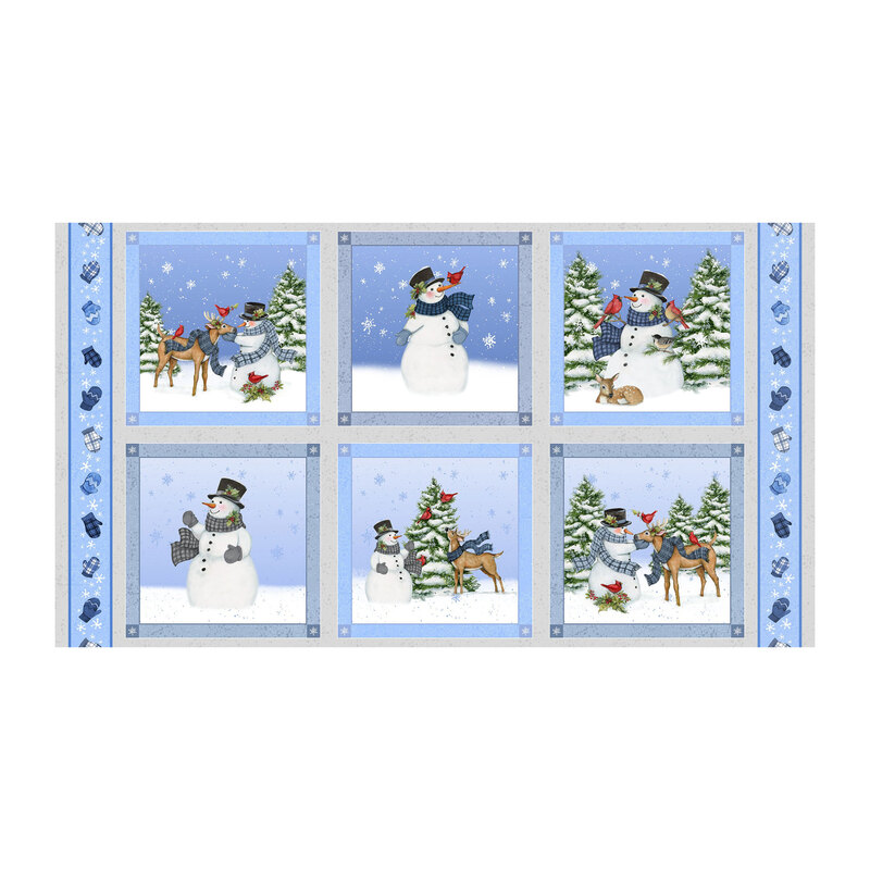 Panel with six blocks of snowmen in different wintry forest scenes with cardinals and deer, bordered by mittens and snowflakes.