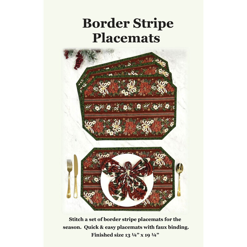 Front cover of the pattern showing the completed placemats fanned out, as well as a top down shot of a complete table setting with a placemat, plate, napkin, and utensils.
