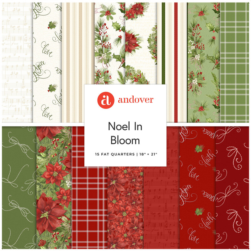 A fabric collage featuring Christmas fabric from the Noel In Bloom collection by Andover. 