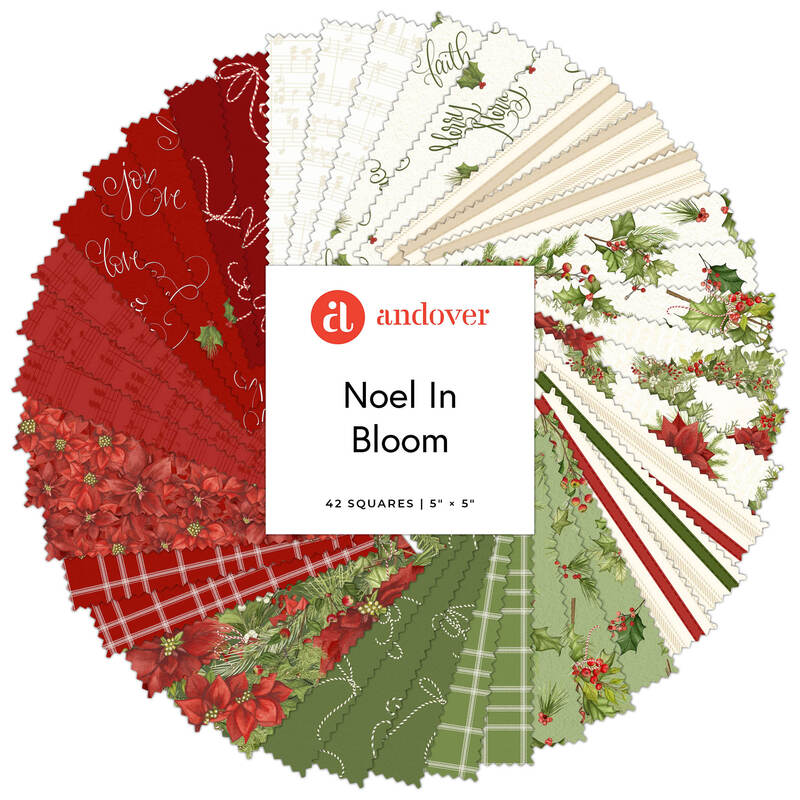 A spiral fabric collage featuring Christmas fabric from the Noel In Bloom collection by Andover. 