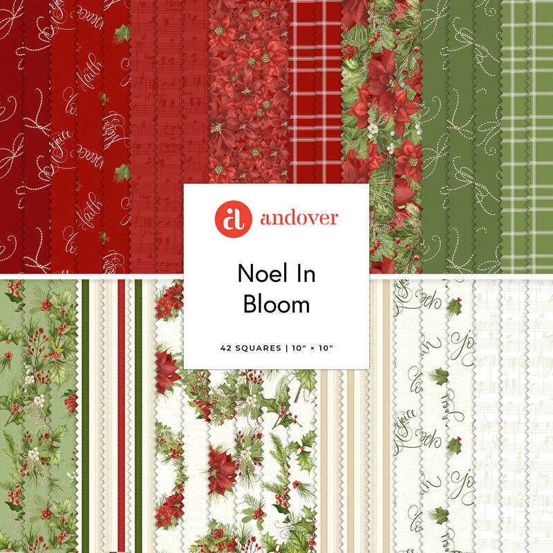 A fabric collage featuring Christmas fabric from the Noel In Bloom collection by Andover. 