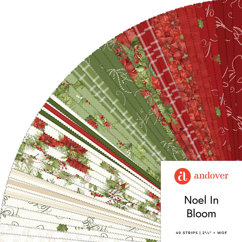 A fanned fabric collage featuring Christmas fabric from the Noel In Bloom collection by Andover. 