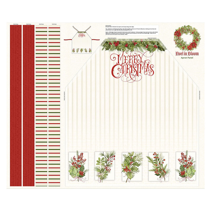 This striped white canvas panel features an apron decorated with bundles of holly, pine, berries, and sprigs with red ties.