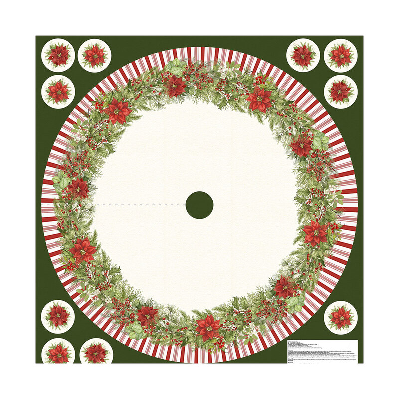 This white tree skirt panel features a wreath of greenery and a candy cane-striped rim.