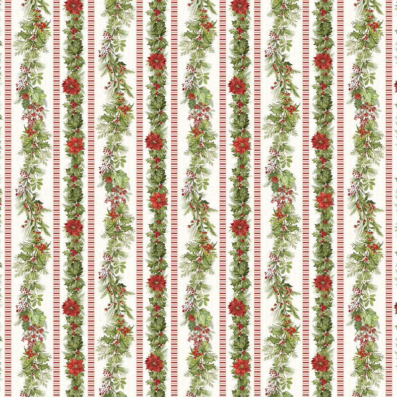 This striped fabric features alternating rows of candy cane stripes and graceful garlands adorned with poinsettias.