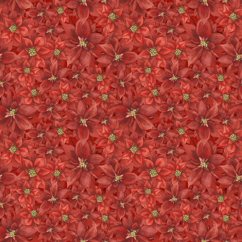 This christmas fabric features packed poinsettias. 