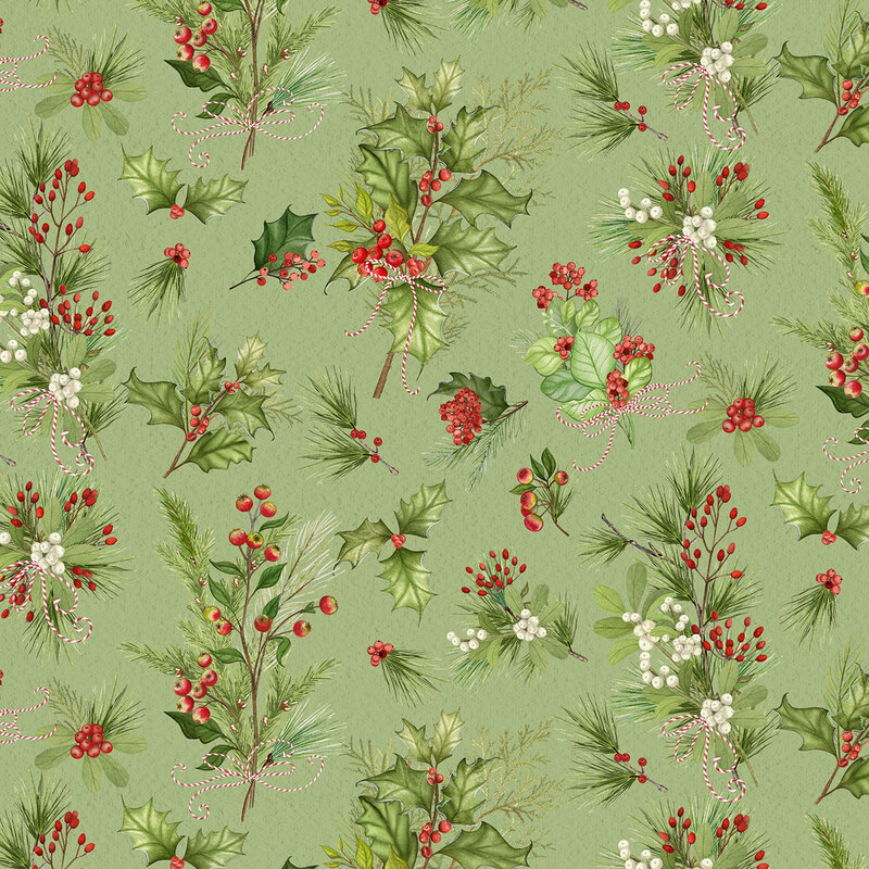 This tea green fabric features bundles of holly, mistletoe, berries, and pine tied together with red and white twine. 