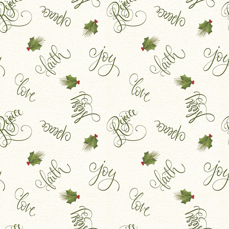 This white fabric features tossed bundles of holly and pine with flamboyant Christmas-themed words. 