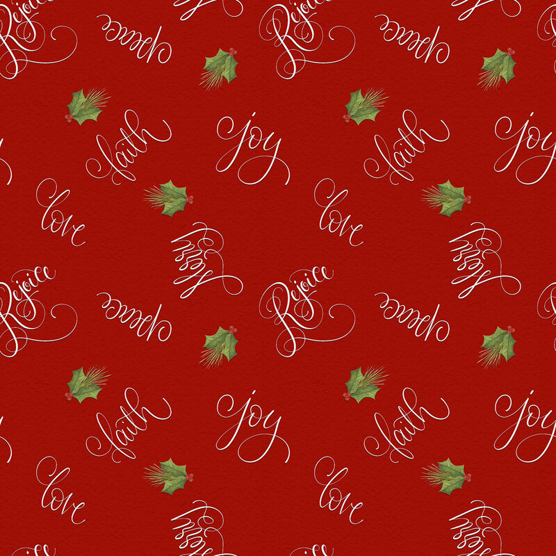 This bright red fabric features tossed bundles of holly and pine with flamboyant Christmas-themed words. 