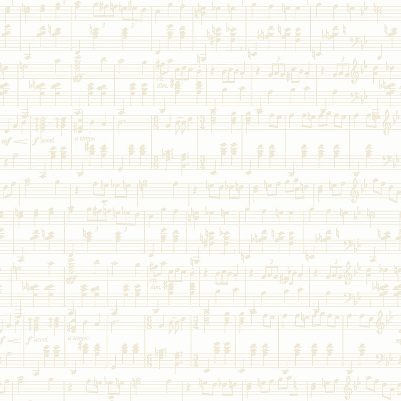 Cream musical scores flow in graceful rows across this white fabric, creating a soft and harmonious tonal design.
