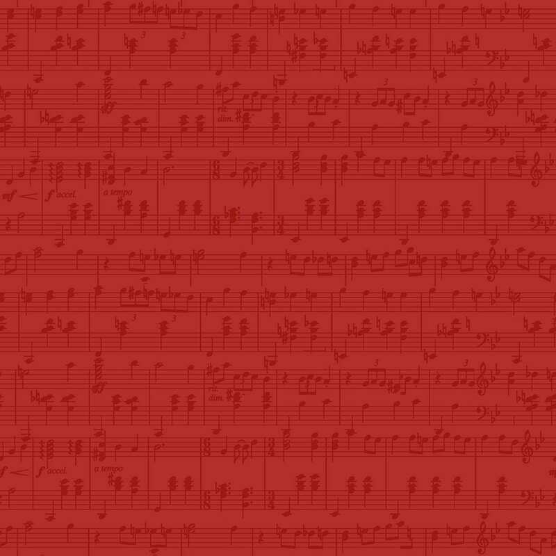 Dark red musical scores flow in graceful rows across this ruby red fabric, creating a soft and harmonious tonal design.