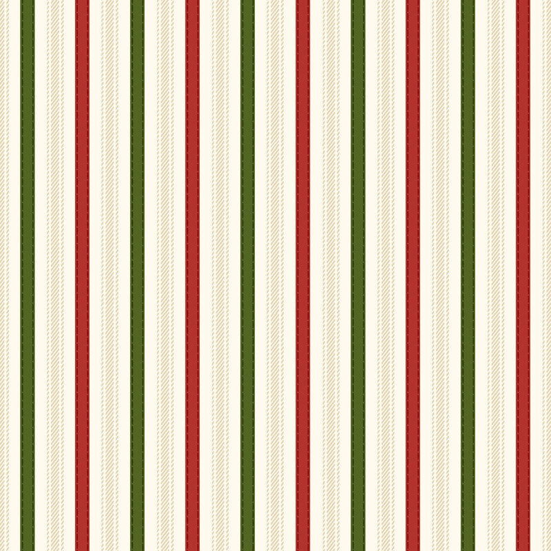 This cream Christmas fabric features red and green stripes. 