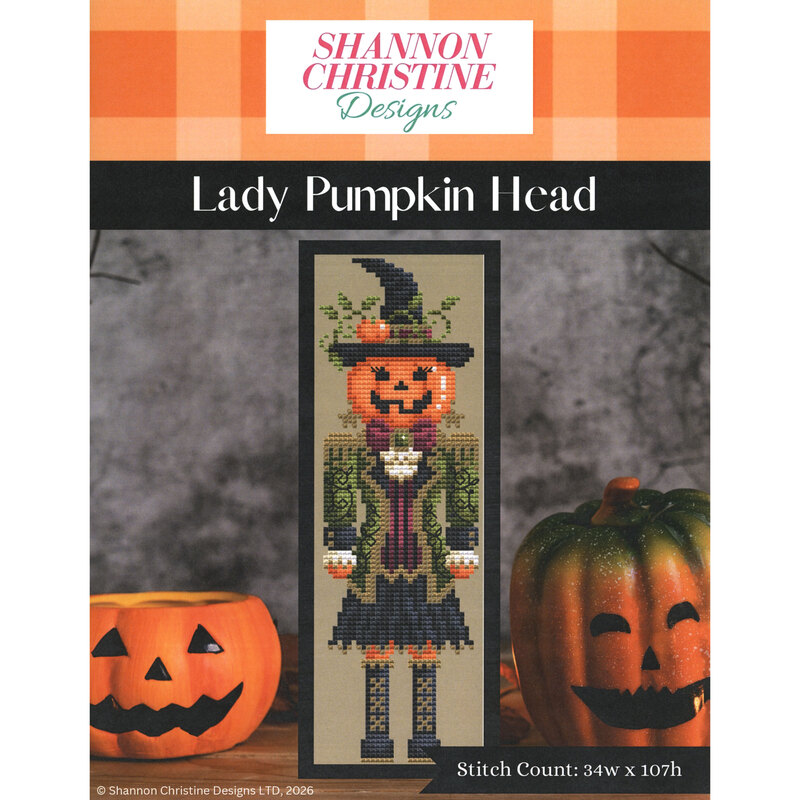 Front of the pattern displaying the finished project staged with jack o lanterns.