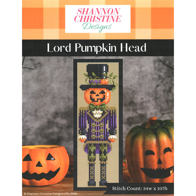 Front of the pattern displaying the finished project staged with jack o lanterns.