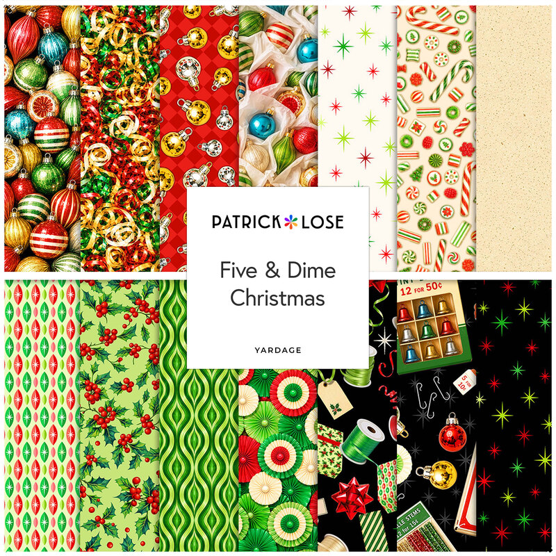 Collage of the red, tan, green, and black fabrics featured in the Five & Dime Christmas collection by Patrick Lose for Northcott Fabrics.