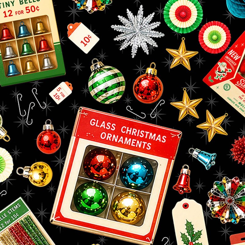 Black fabric with tossed ornaments and Christmas tree décor.