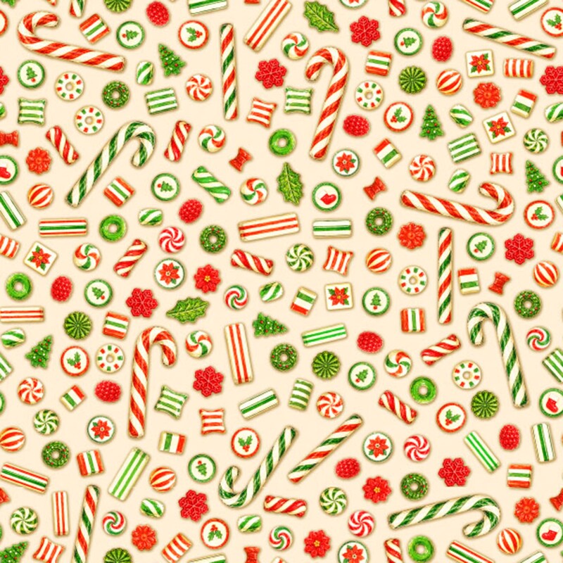 Tan fabric with tossed green and red striped candies.