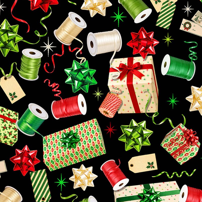 Black fabric with tossed red, green, and cream Christmas presents and wrapping paper motifs.