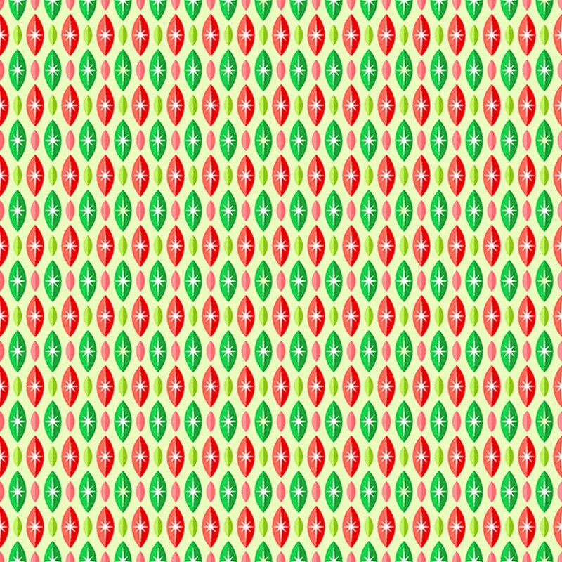 Key lime green fabric with rows of bright green and red almond shapes with white sparkles.