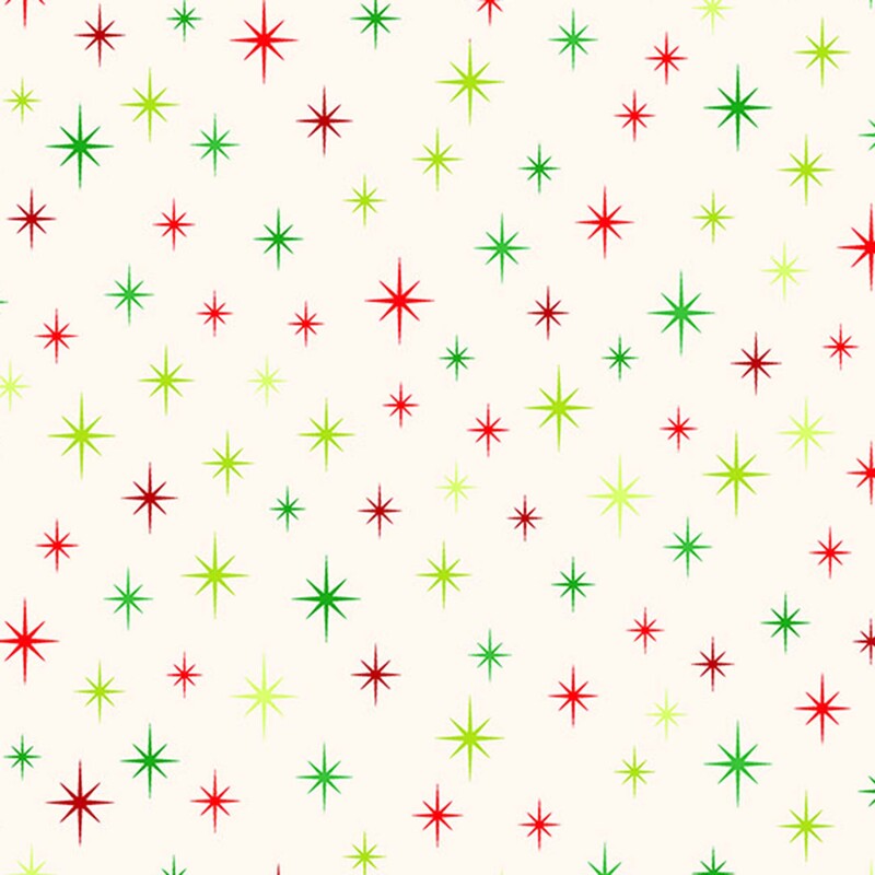 Cream fabric with red, green, and key lime starbursts.