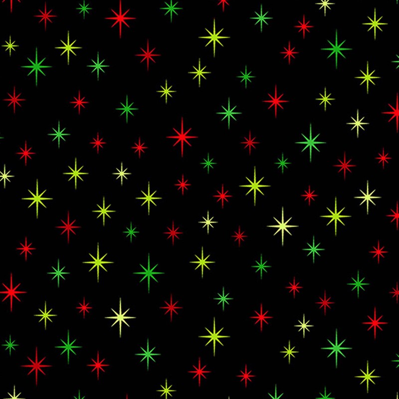 Black fabric with red, green, and key lime starbursts.