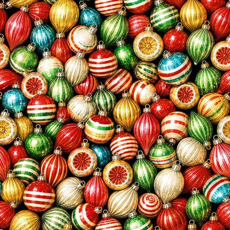 Multicolor fabric swatch with a packed design of glass ornaments.