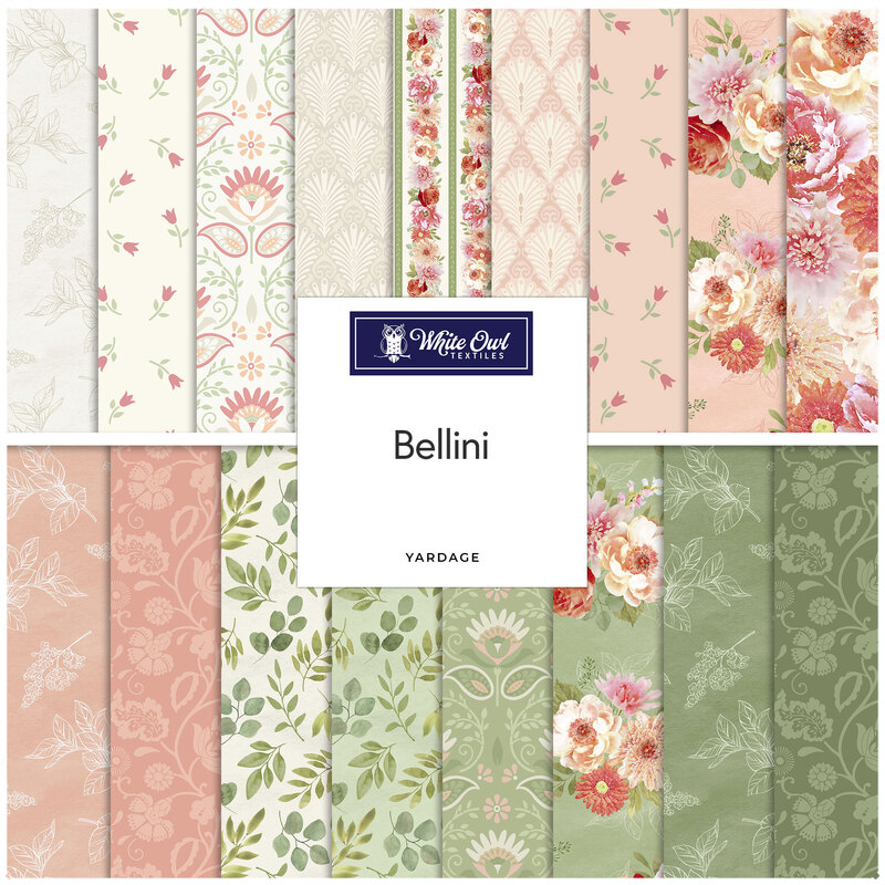 A collage of fabrics featured in the Bellini Collection by Suzanne Nicoll for White Owl Textiles.