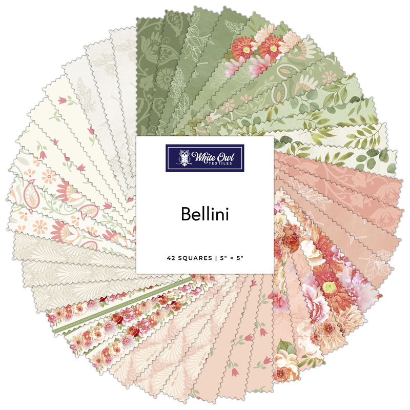 A collage of fabrics featured in the Bellini 5" Stamps by Suzanne Nicoll for White Owl Textiles.